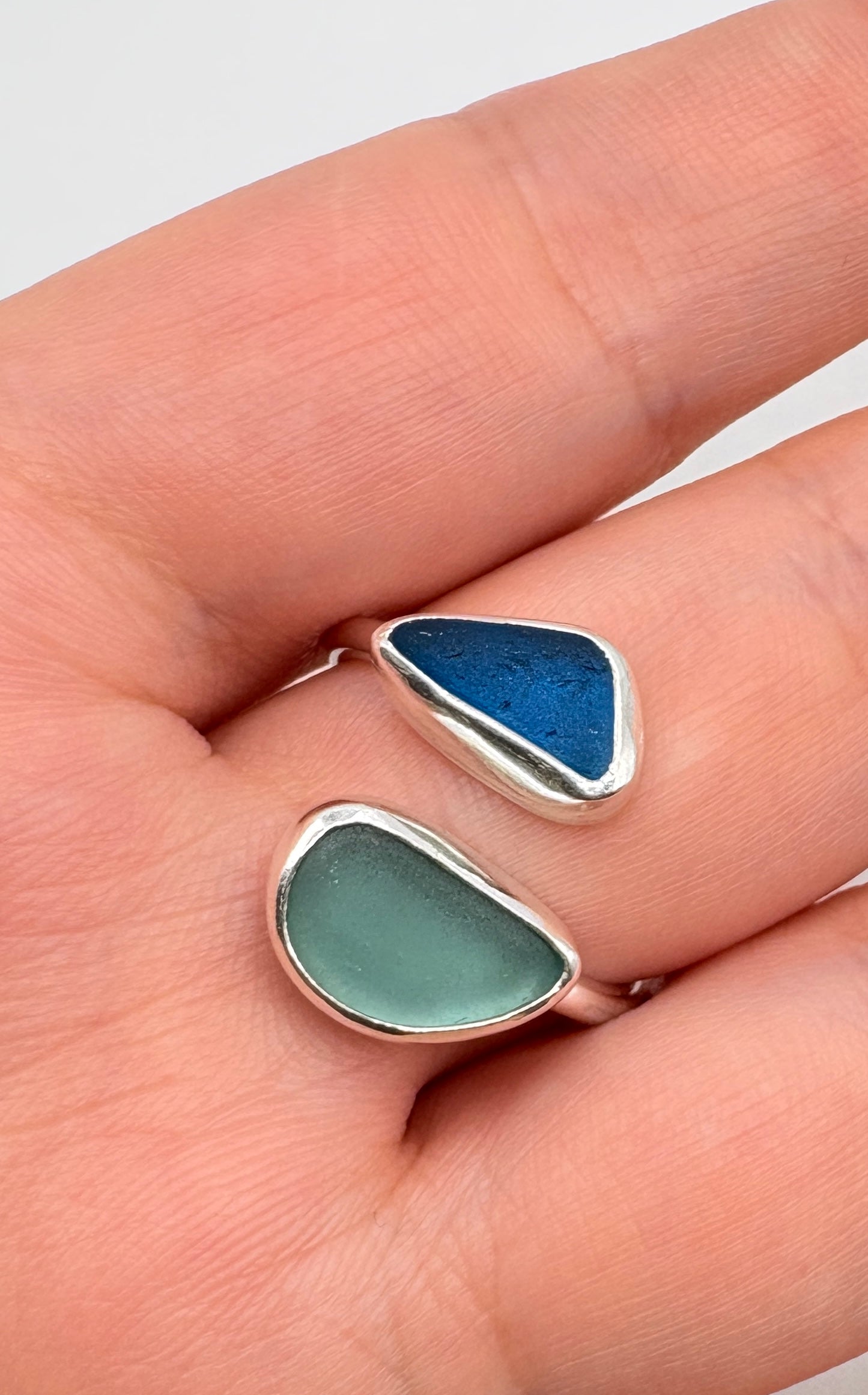 Adjustable Double Blues Seaglass Ring