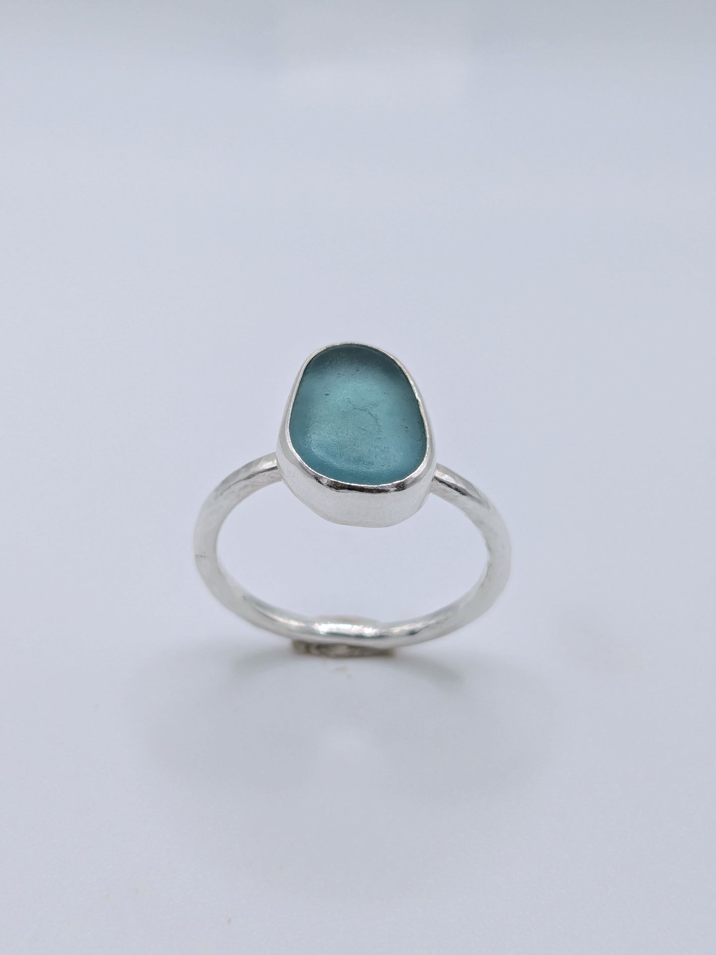 Blue Oval Hammered Band Seaglass Ring