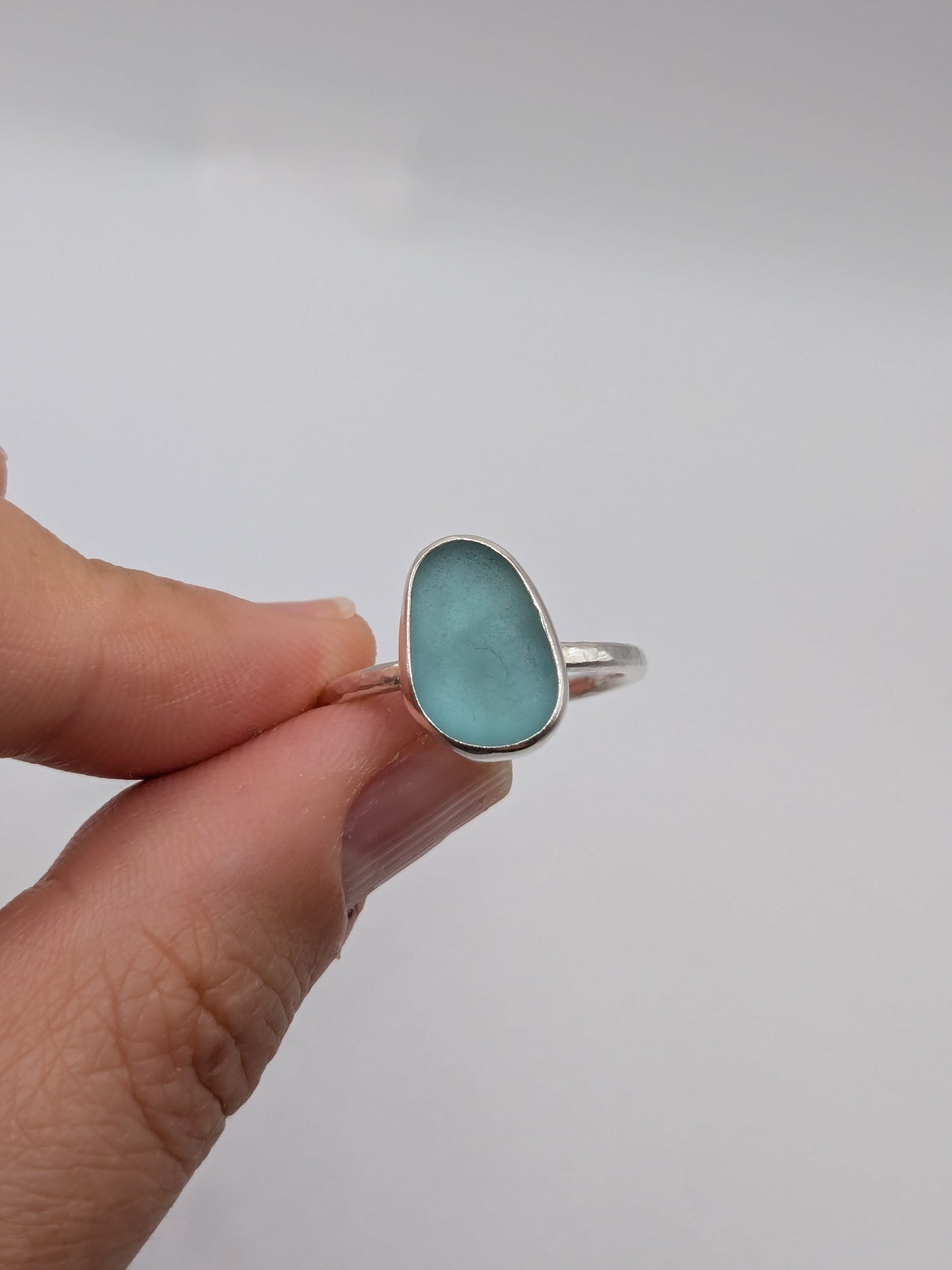 Blue Oval Hammered Band Seaglass Ring