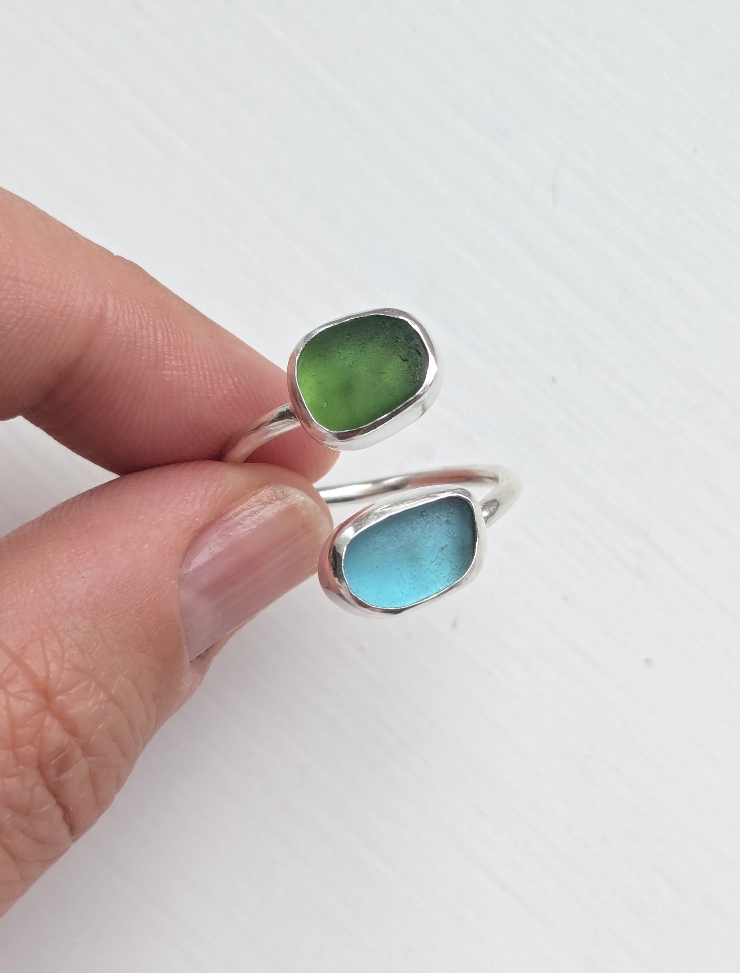 Adjustable Blue and Green Seaglass Ring