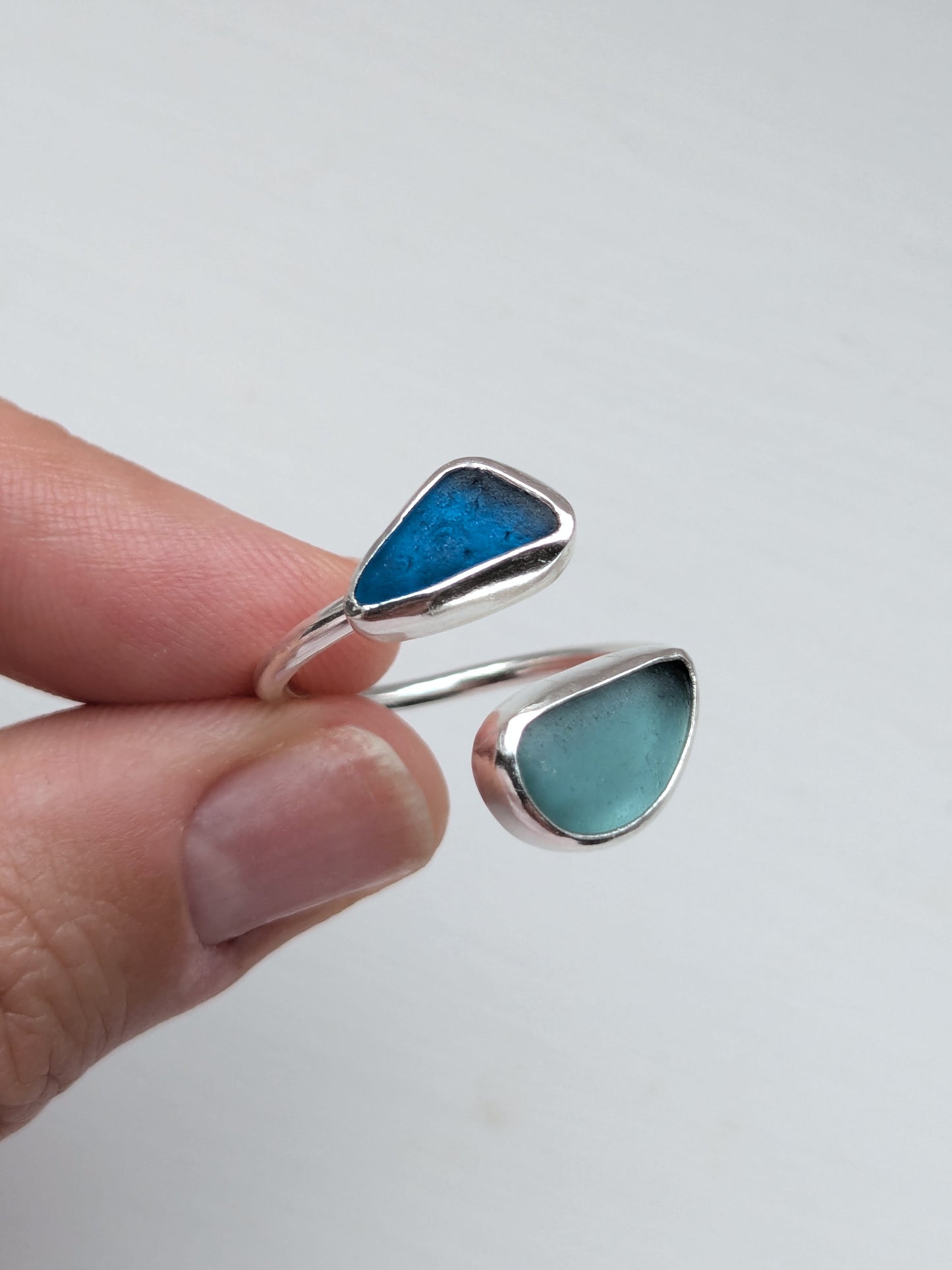 Adjustable Double Blues Seaglass Ring