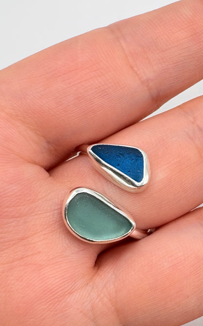 Adjustable Double Blues Seaglass Ring