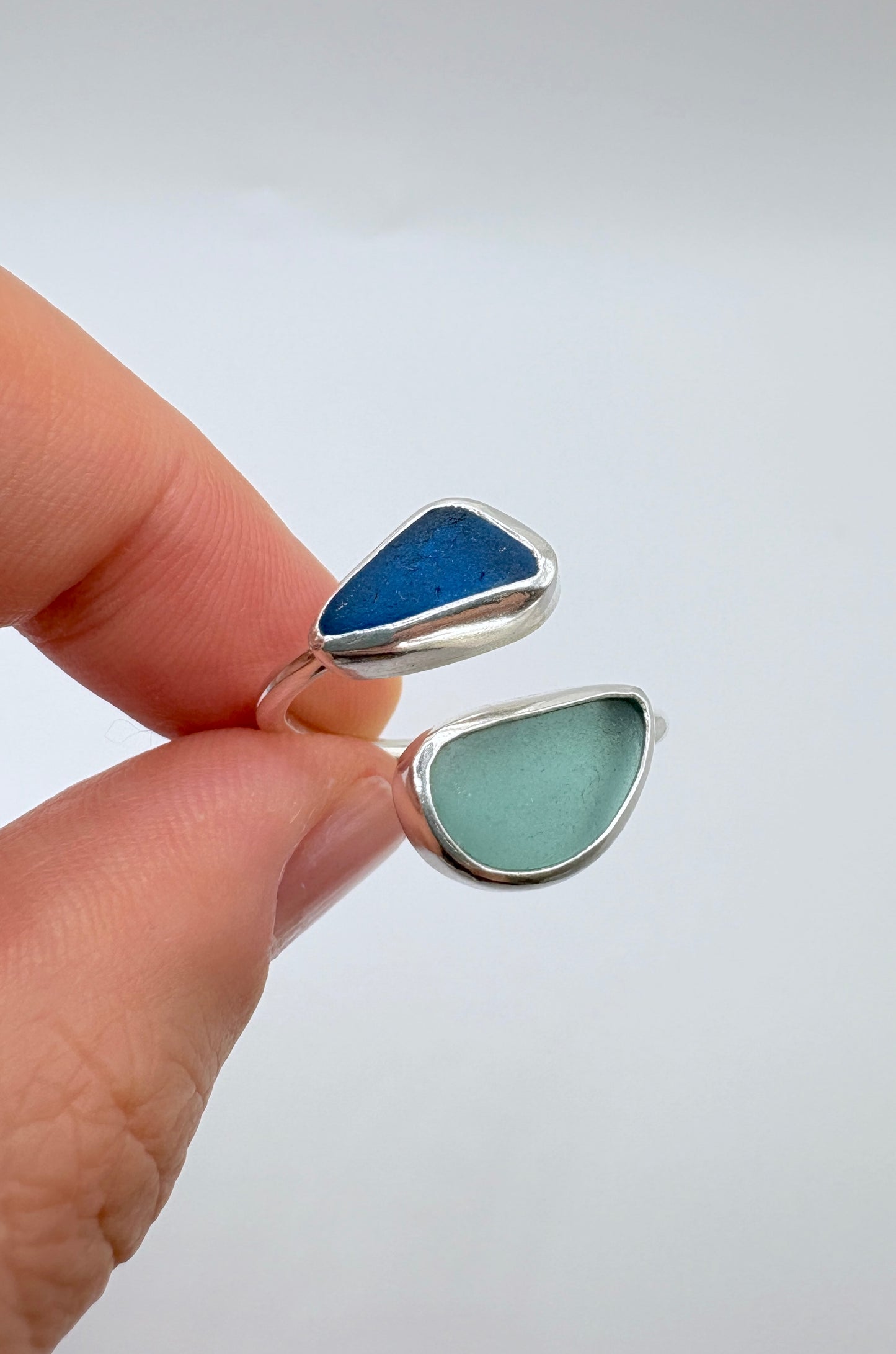 Adjustable Double Blues Seaglass Ring