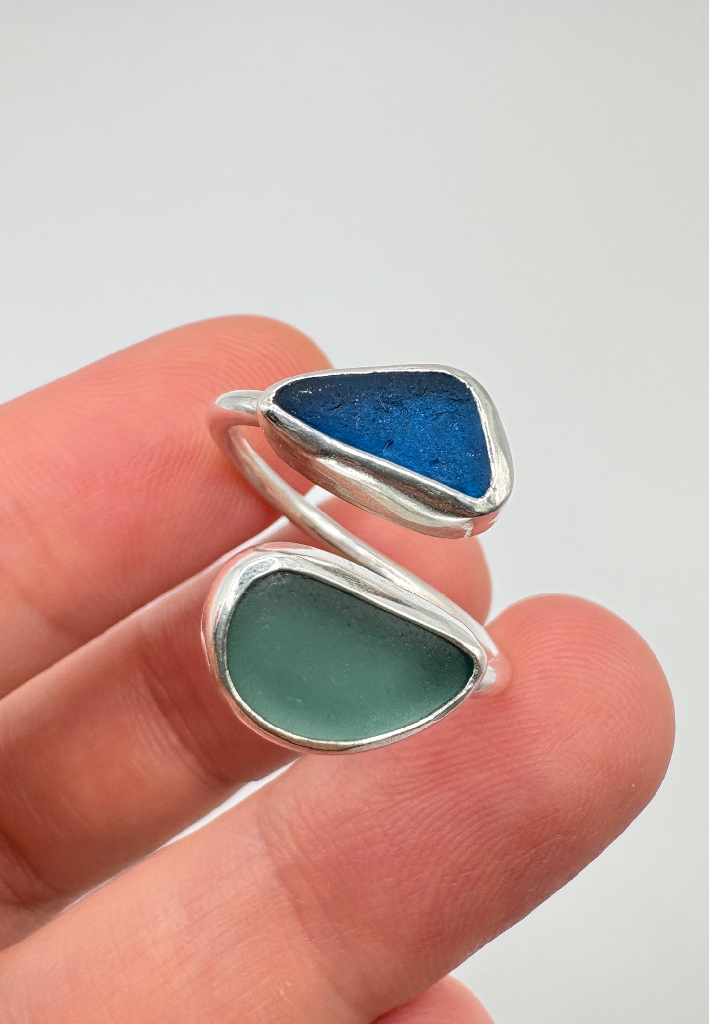 Adjustable Double Blues Seaglass Ring
