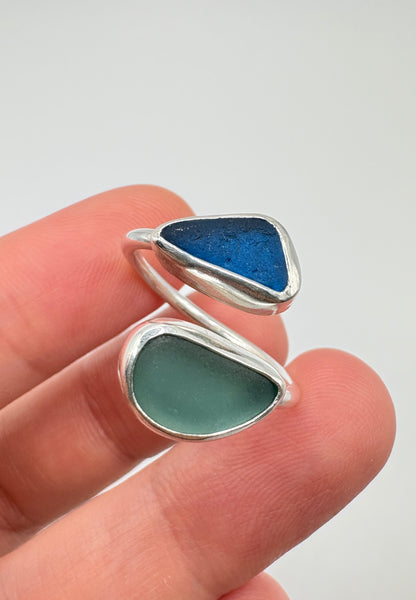 Adjustable Double Blues Seaglass Ring