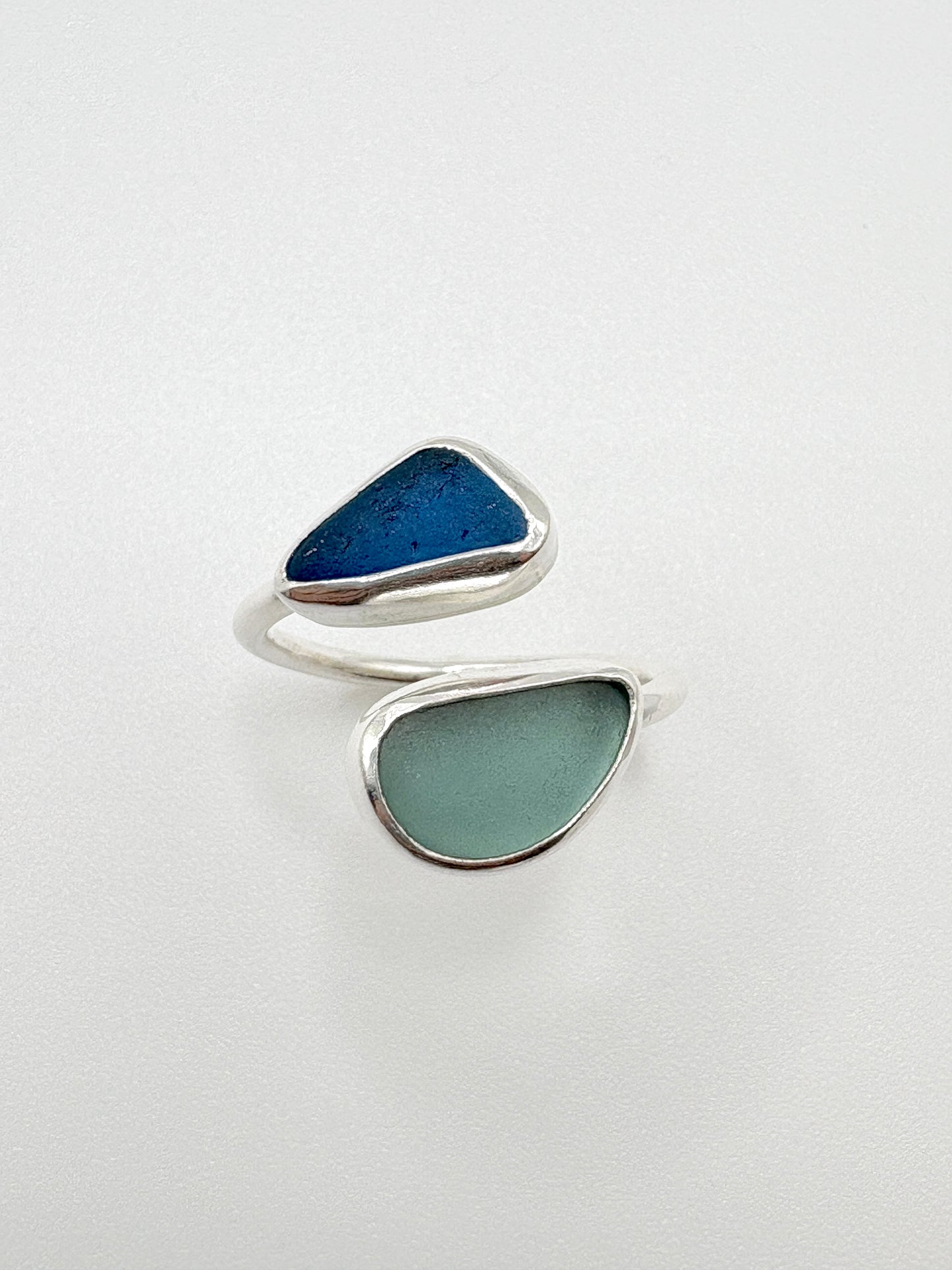 Adjustable Double Blues Seaglass Ring