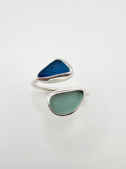 Adjustable Double Blues Seaglass Ring