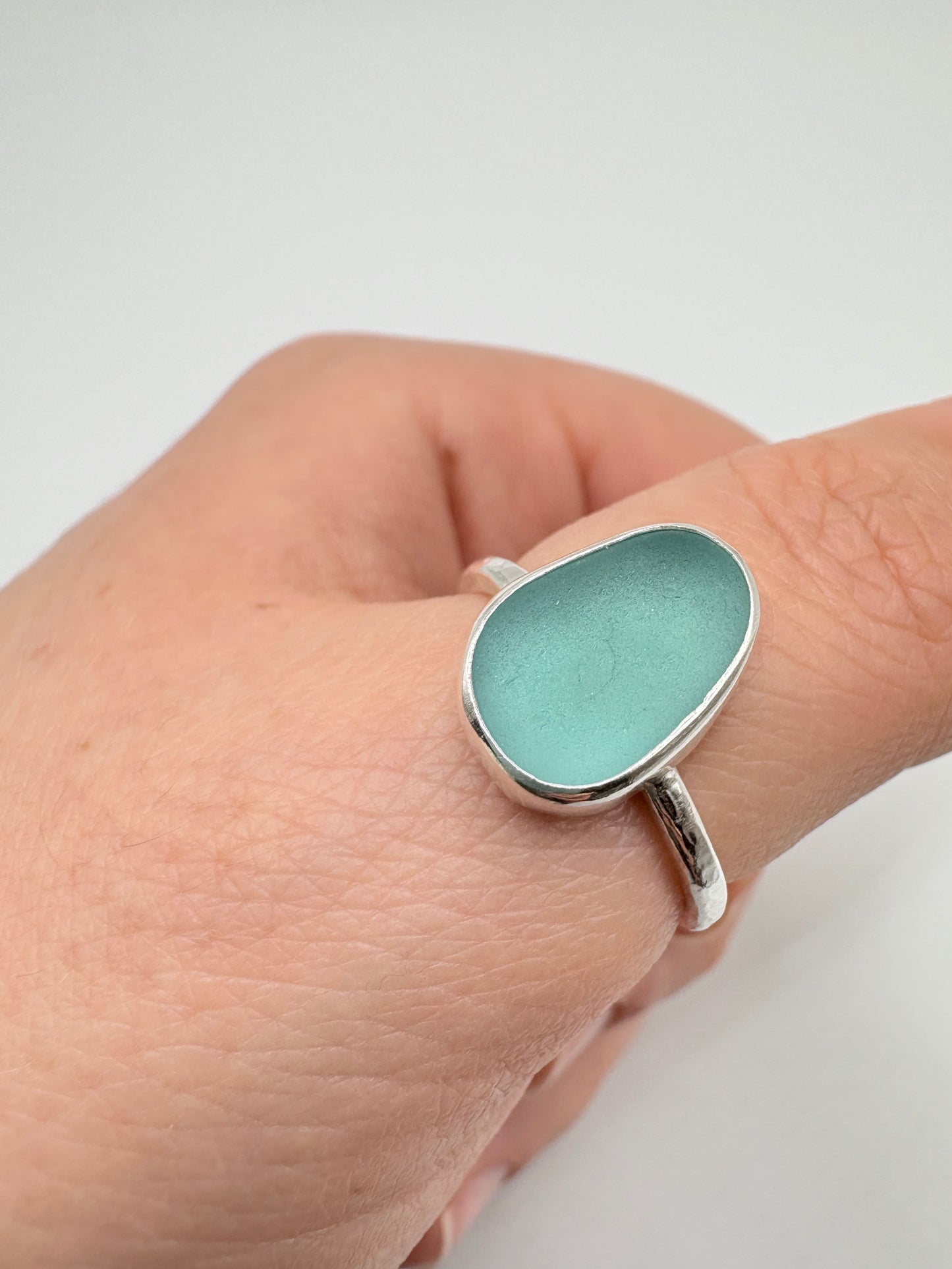 Blue Oval Hammered Band Seaglass Ring
