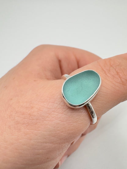 Blue Oval Hammered Band Seaglass Ring