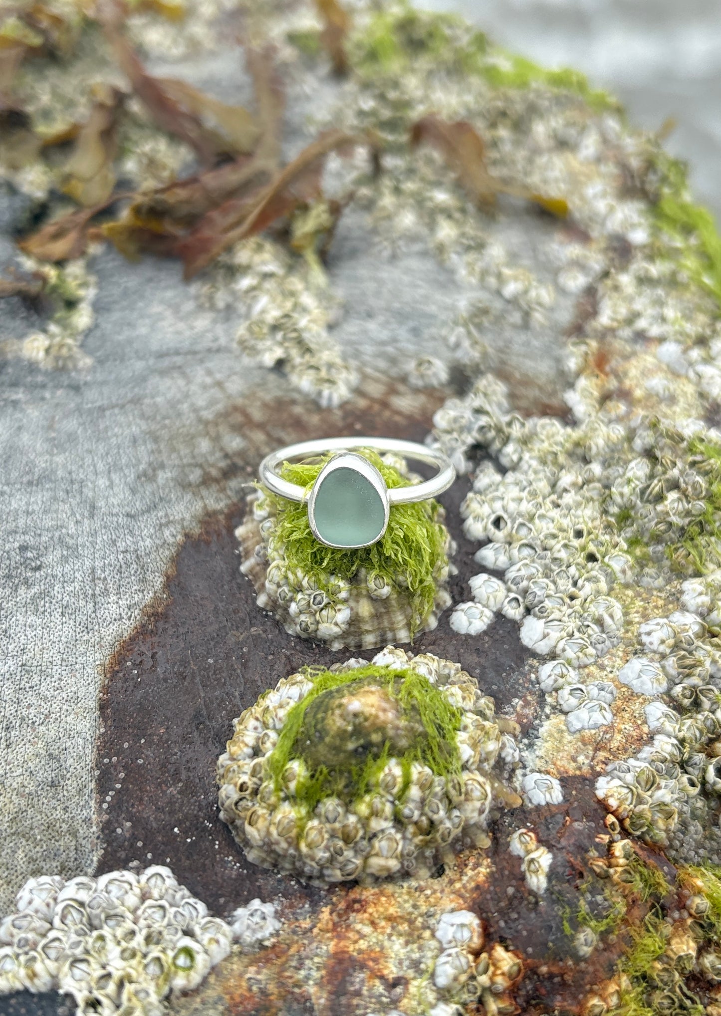Teal Grey Seaglass Ring