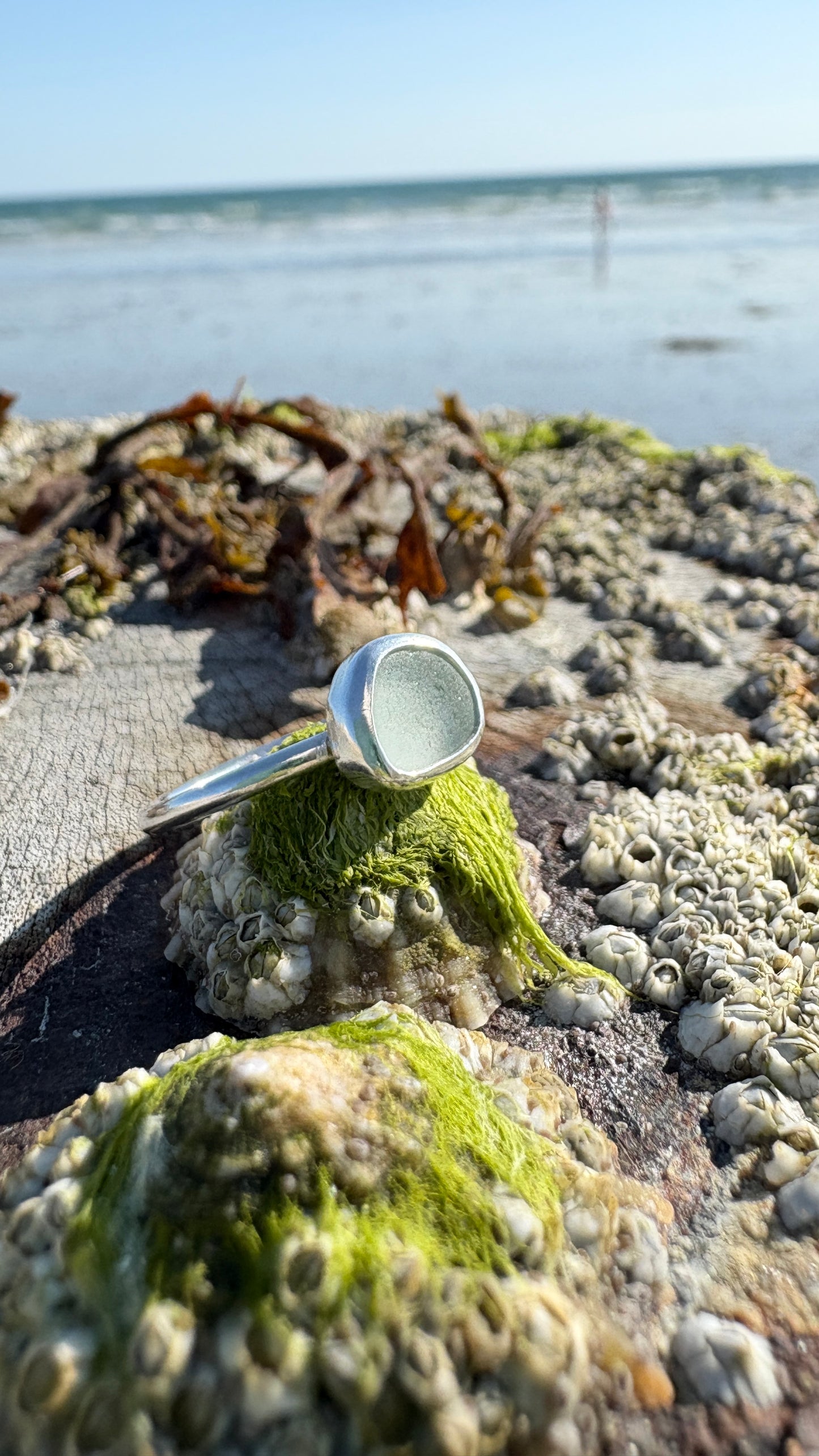 Light Teal Grey Seaglass Ring