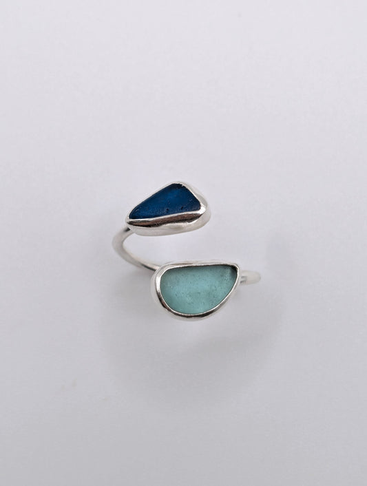 Adjustable Double Blues Seaglass Ring