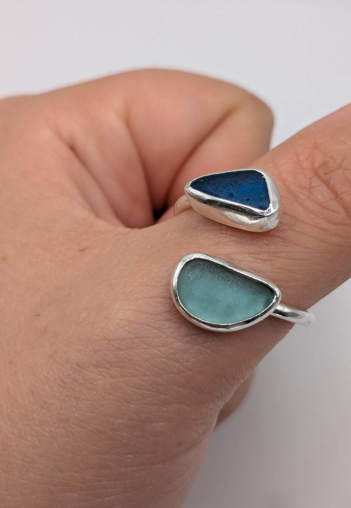 Adjustable Double Blues Seaglass Ring