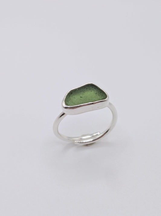 Adjustable Horizontal Green Seaglass Ring
