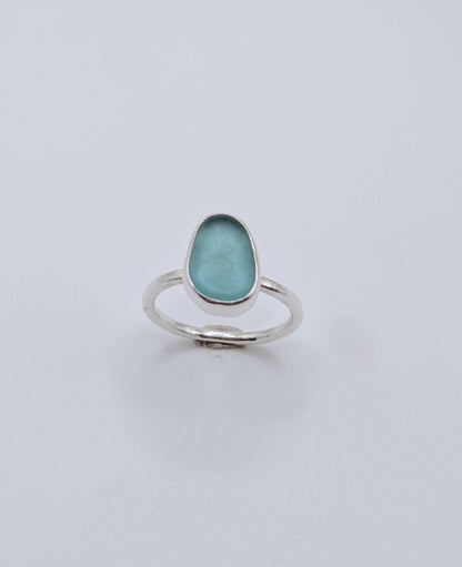 Blue Oval Hammered Band Seaglass Ring
