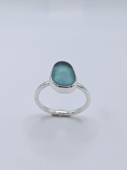 Blue Oval Hammered Band Seaglass Ring