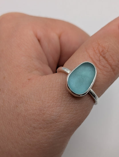 Blue Oval Hammered Band Seaglass Ring