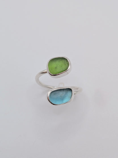 Adjustable Blue and Green Seaglass Ring