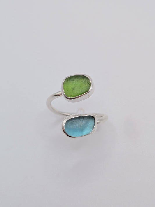 Adjustable Blue and Green Seaglass Ring