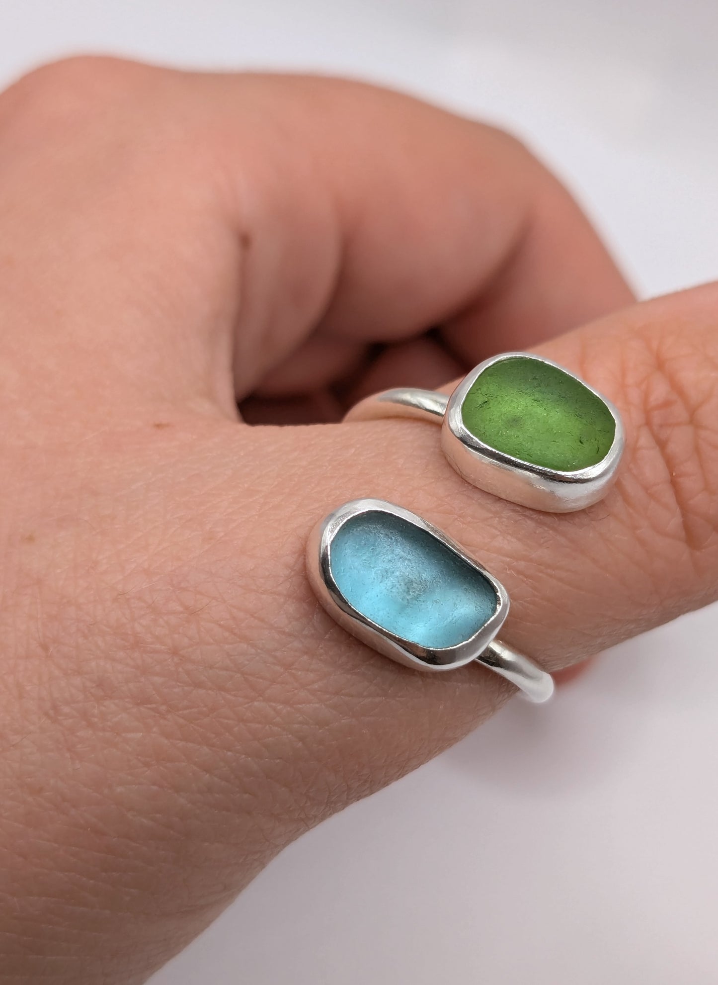 Adjustable Blue and Green Seaglass Ring