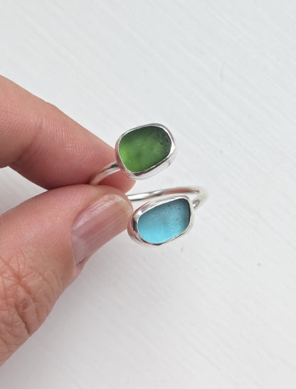 Adjustable Blue and Green Seaglass Ring